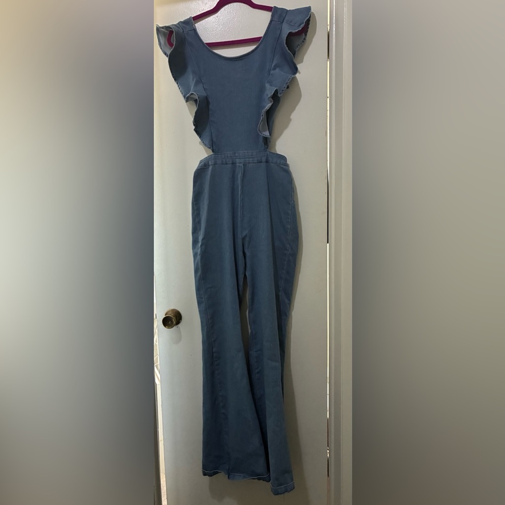 Vintage Flying tomato open back stretch denim jumpsuit flare leg ruffles S FLAW
